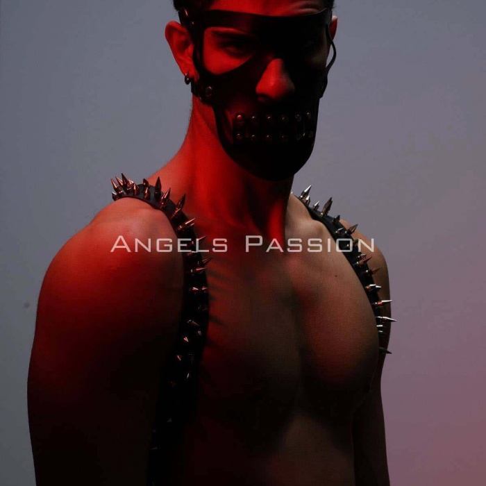 Çivi Detaylı ve Maskeli Erkek  Harness Takım, Erkek  Clubwear, Erkek  Göğüs Harness - BRFM204