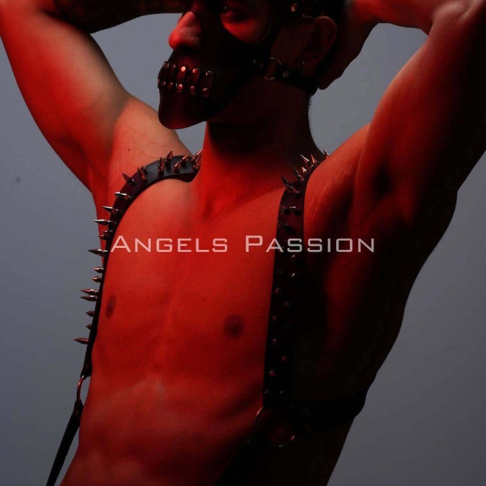 Çivi Detaylı ve Maskeli Erkek  Harness Takım, Erkek  Clubwear, Erkek  Göğüs Harness - BRFM204