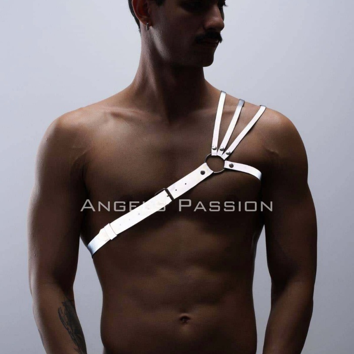 Reflektörlü (Karanlıkta Parlayan) Omuz Detaylı Şık Erkek  Göğüs Harness, 3 Çizgili Harness - BRFM45
