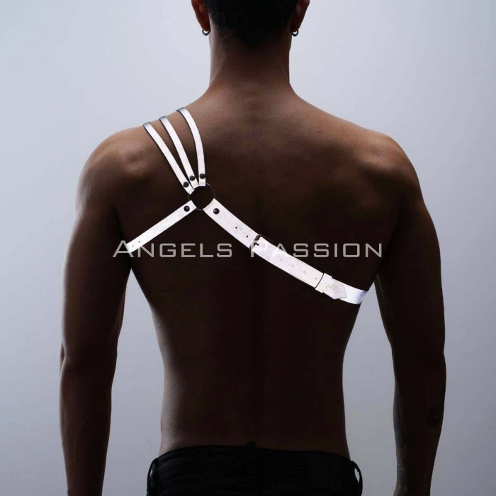 Reflektörlü (Karanlıkta Parlayan) Omuz Detaylı Şık Erkek  Göğüs Harness, 3 Çizgili Harness - BRFM45