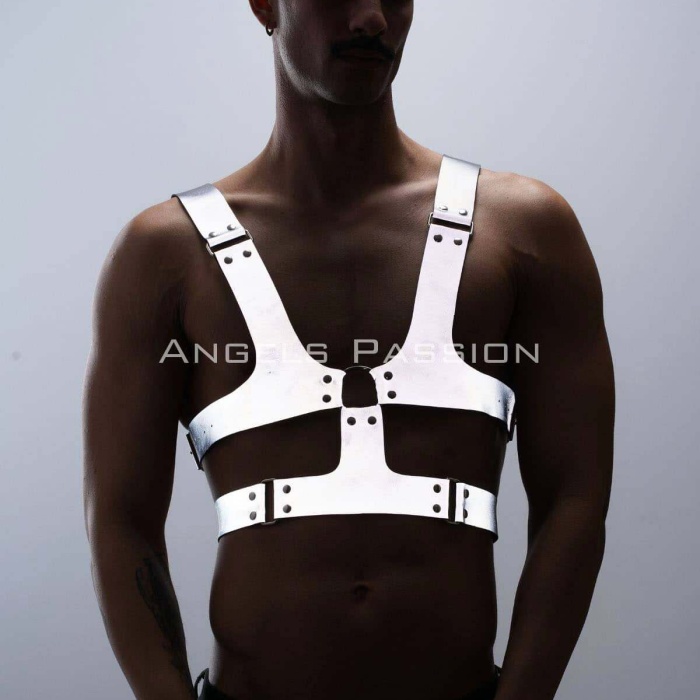 Reflektörlü (Karanlıkta Parlayan) Sert Göğüs Harness, Gay Harness Aksesuar, Gay Giyim - BRFM119