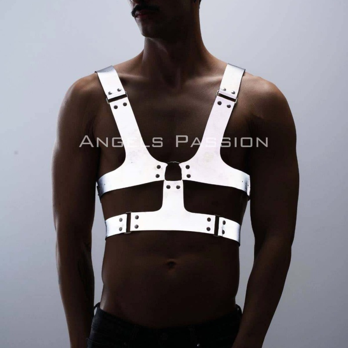 Reflektörlü (Karanlıkta Parlayan) Sert Göğüs Harness, Gay Harness Aksesuar, Gay Giyim - BRFM119