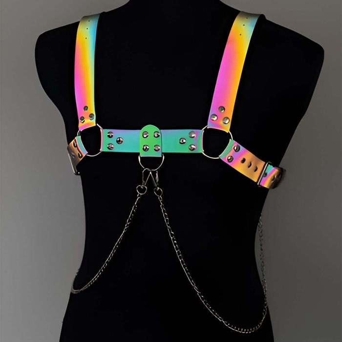 Rainbow Reflektörlü (Karanlıkta Parlayan) Zincir Detaylı Şık Erkek  Göğüs Harness, Reflektörlü Clubwear - BRFM109