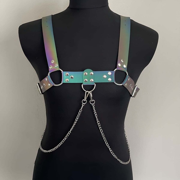 Rainbow Reflektörlü (Karanlıkta Parlayan) Zincir Detaylı Şık Erkek  Göğüs Harness, Reflektörlü Clubwear - BRFM109