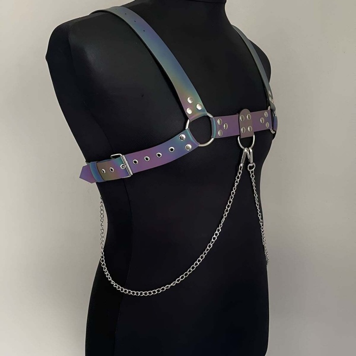 Rainbow Reflektörlü (Karanlıkta Parlayan) Zincir Detaylı Şık Erkek  Göğüs Harness, Reflektörlü Clubwear - BRFM109