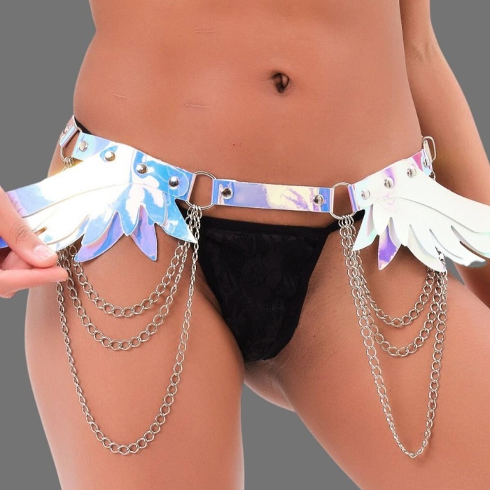 Gümüş Yumuşak Deri Zincirli Fantezi Şık Kelebek Desen Harness