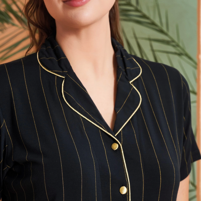 Pjs 27042 Kadın Kısa Kol Çizgili Önü Düğmeli Pijama Takımı