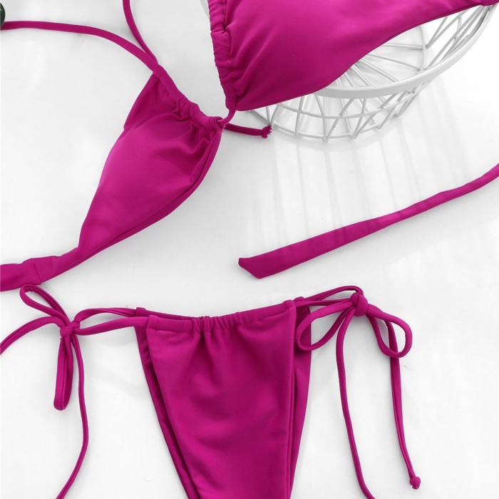 Kadın Fuşya Yandan Bağlamalı Tangalı Üçgen Bikini Mayo Takımı