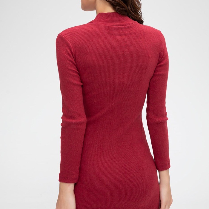 Kadın Bordo Kaşkorse Balıkçı Yaka Uzun Kollu Bodycon Mini Elbise