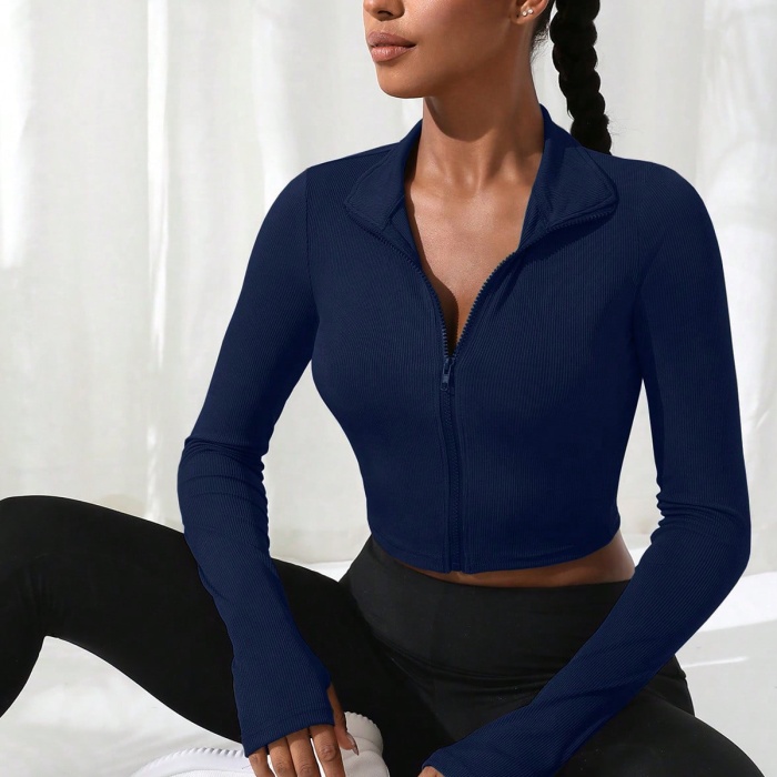 Kadın Lacivert Uzun Kol Fermuarlı Parmak Geçme Detaylı Dik Yaka Crop Top Bluz