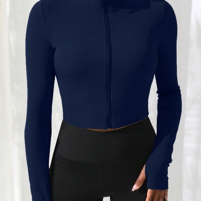 Kadın Lacivert Uzun Kol Fermuarlı Parmak Geçme Detaylı Dik Yaka Crop Top Bluz