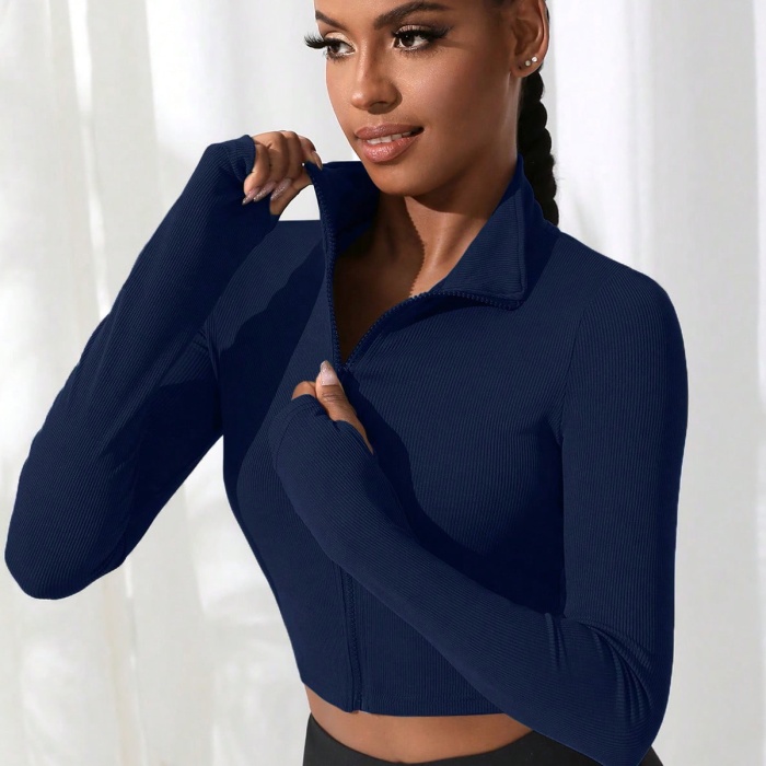 Kadın Lacivert Uzun Kol Fermuarlı Parmak Geçme Detaylı Dik Yaka Crop Top Bluz