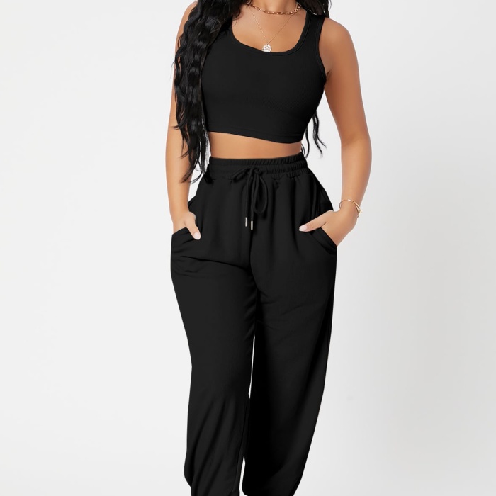 Kadın Siyah Kaşkorse Cepli Jogger Eşofman Altı ve Crop Top Bluz
