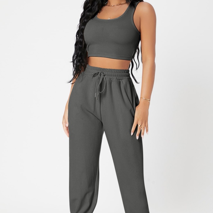 Kadın Antrasit Gri Kaşkorse Cepli Jogger Eşofman Altı ve Crop Top Bluz