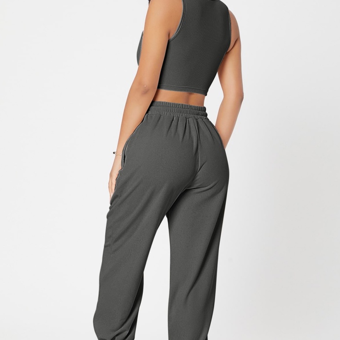 Kadın Antrasit Gri Kaşkorse Cepli Jogger Eşofman Altı ve Crop Top Bluz