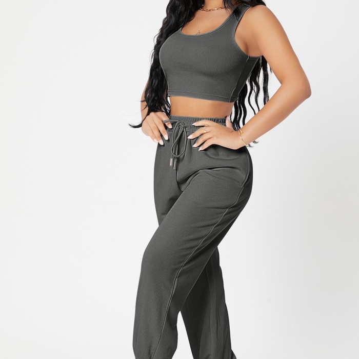 Kadın Antrasit Gri Kaşkorse Cepli Jogger Eşofman Altı ve Crop Top Bluz