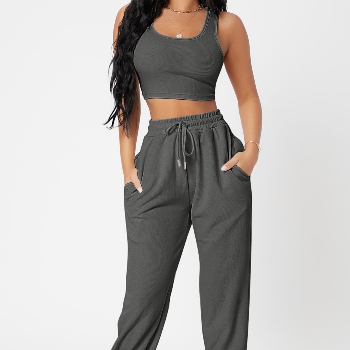 Kadın Antrasit Gri Kaşkorse Cepli Jogger Eşofman Altı ve Crop Top Bluz