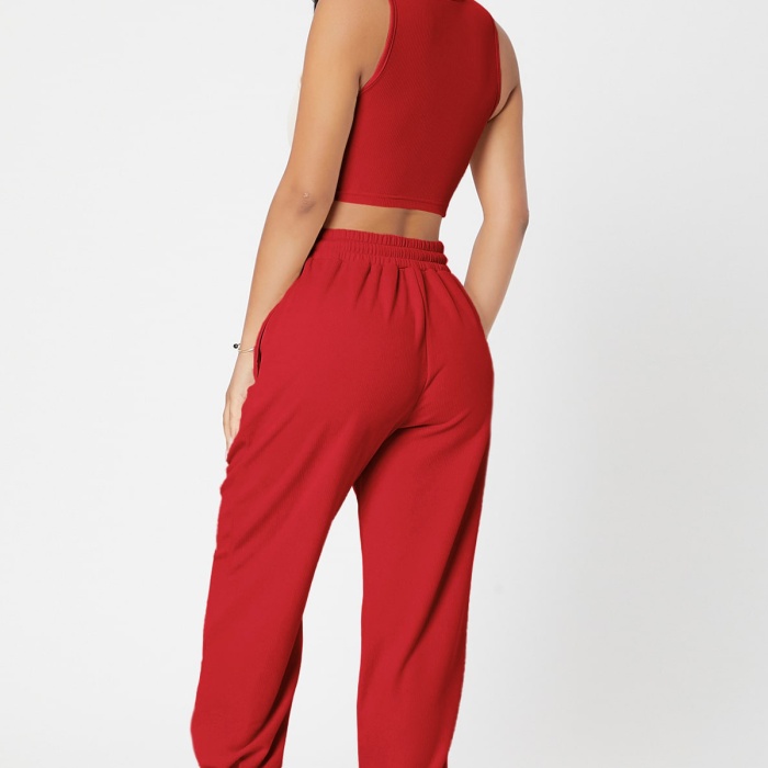 Kadın Kırmızı Kaşkorse Cepli Jogger Eşofman Altı ve Crop Top Bluz