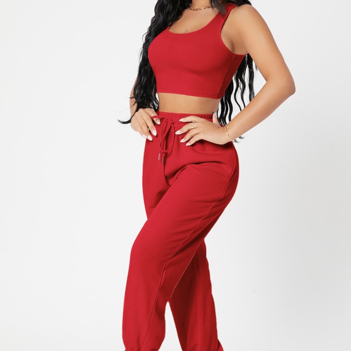 Kadın Kırmızı Kaşkorse Cepli Jogger Eşofman Altı ve Crop Top Bluz
