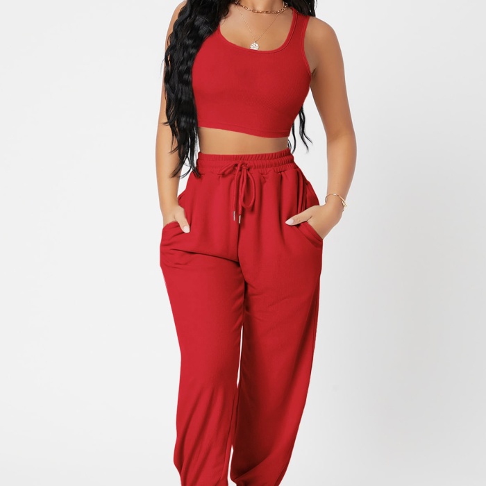 Kadın Kırmızı Kaşkorse Cepli Jogger Eşofman Altı ve Crop Top Bluz