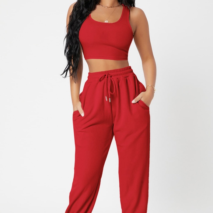 Kadın Kırmızı Kaşkorse Cepli Jogger Eşofman Altı ve Crop Top Bluz