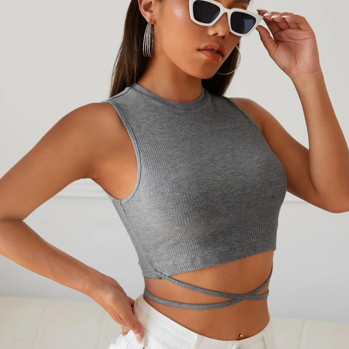 Kadın Gri Çapraz Bağlamalı Crop Top Büstiyer