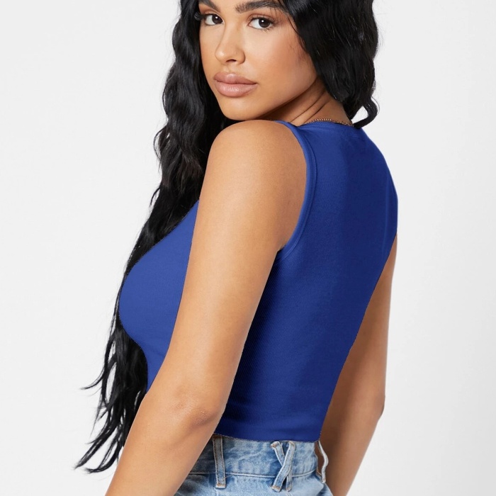 Kadın Lacivert Kare Yaka Crop Top Bluz