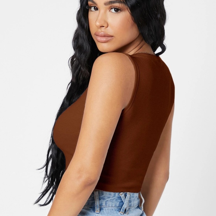 Kadın Kahverengi Kare Yaka Crop Top Bluz