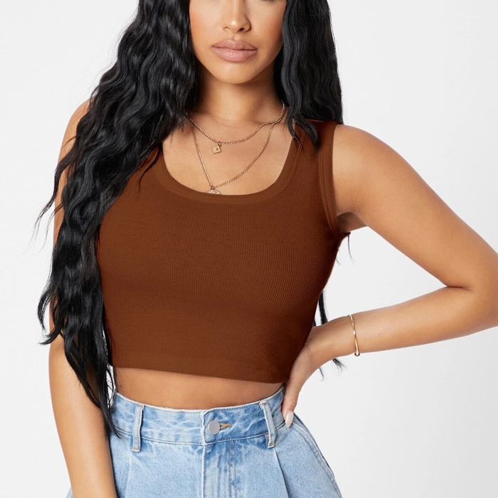Kadın Kahverengi Kare Yaka Crop Top Bluz