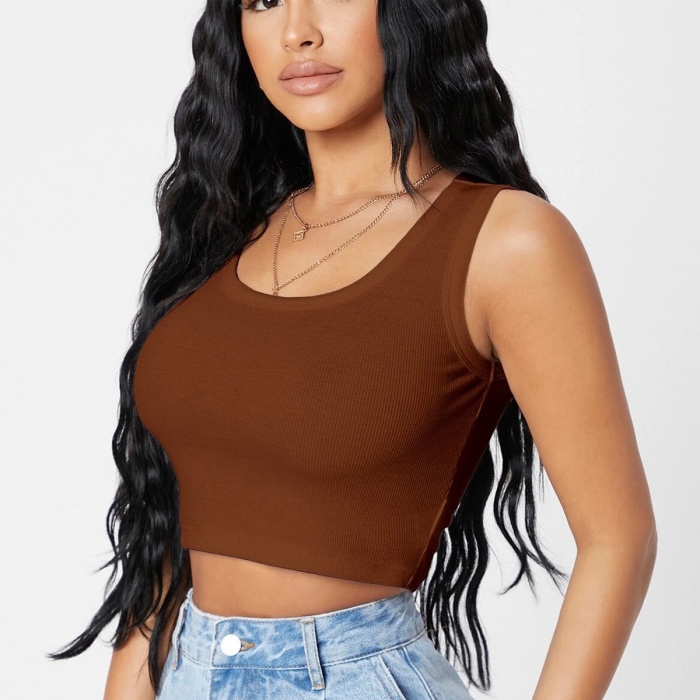 Kadın Kahverengi Kare Yaka Crop Top Bluz