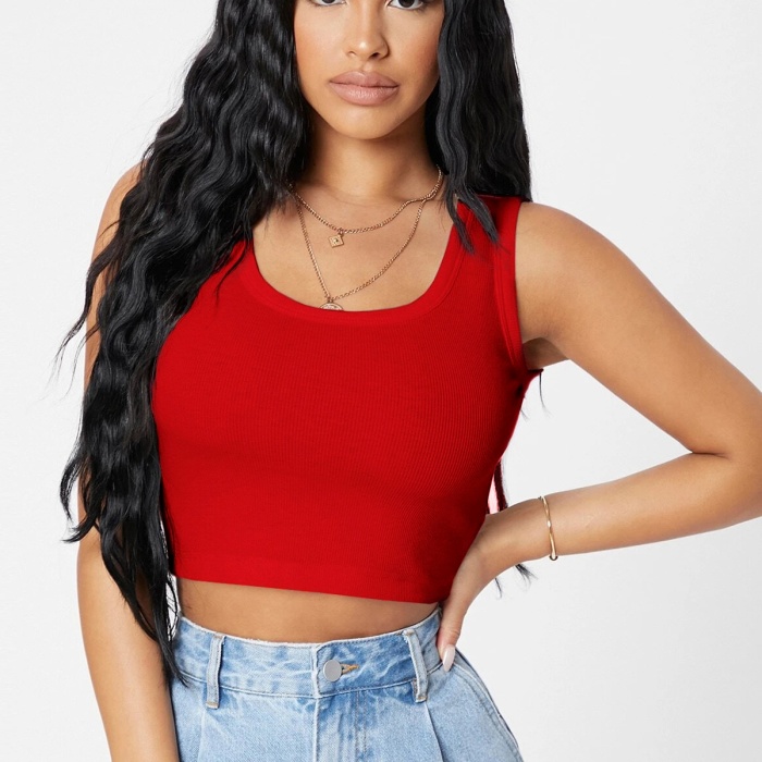 Kadın Kırmızı Kare Yaka Crop Top Bluz