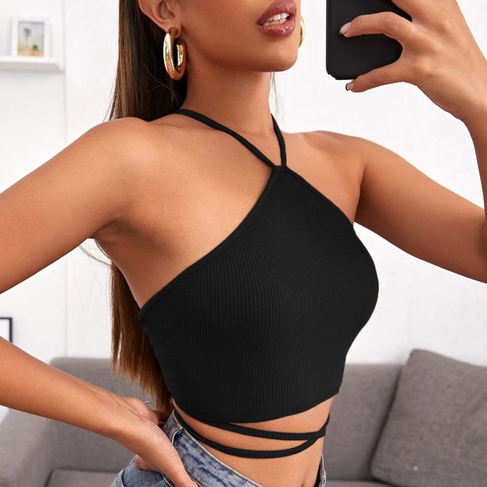 Kadın Siyah Sırtı Açık Boyundan Çapraz Bağlamalı Crop Top Bluz