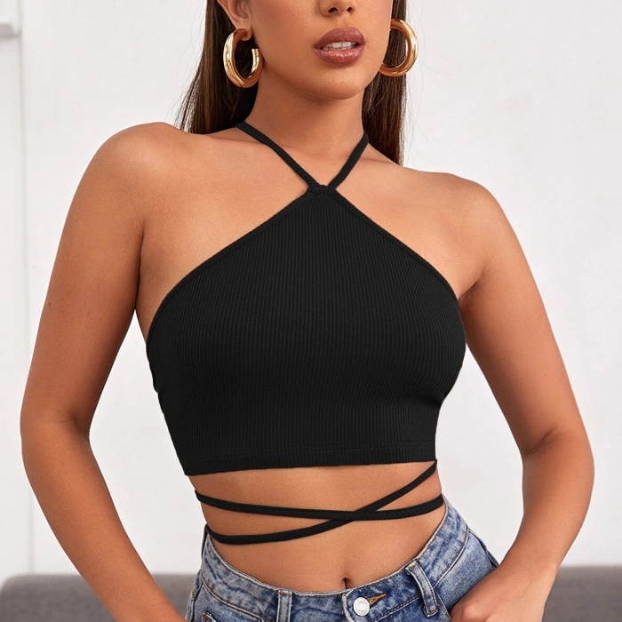 Kadın Siyah Sırtı Açık Boyundan Çapraz Bağlamalı Crop Top Bluz