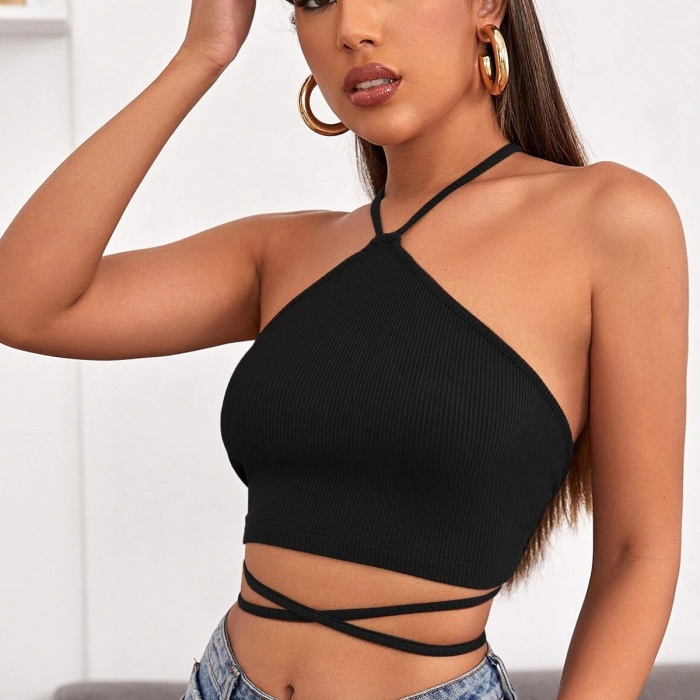Kadın Siyah Sırtı Açık Boyundan Çapraz Bağlamalı Crop Top Bluz