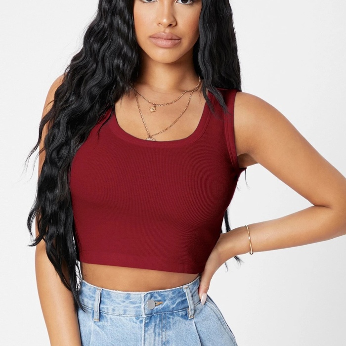 Kadın Bordo Kare Yaka Crop Top Bluz