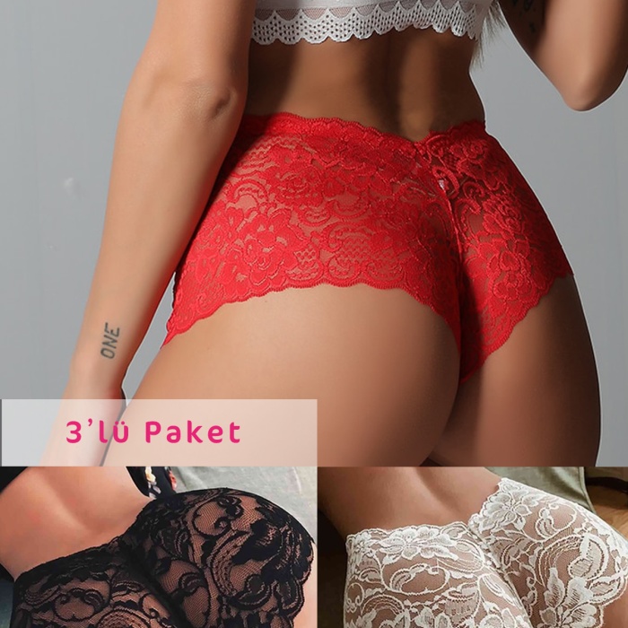 Kadın Siyah Beyaz Kırmızı 3lü Paket Dantel Tanga Şort Külot