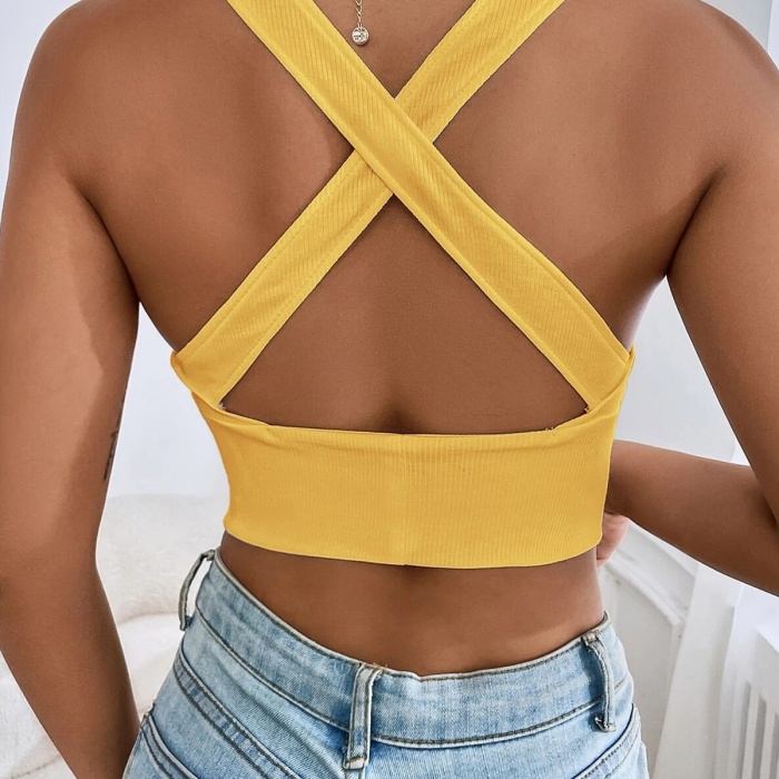 Kadın Sarı Çapraz Sırt Detaylı Şık Crop Top Büstiyer