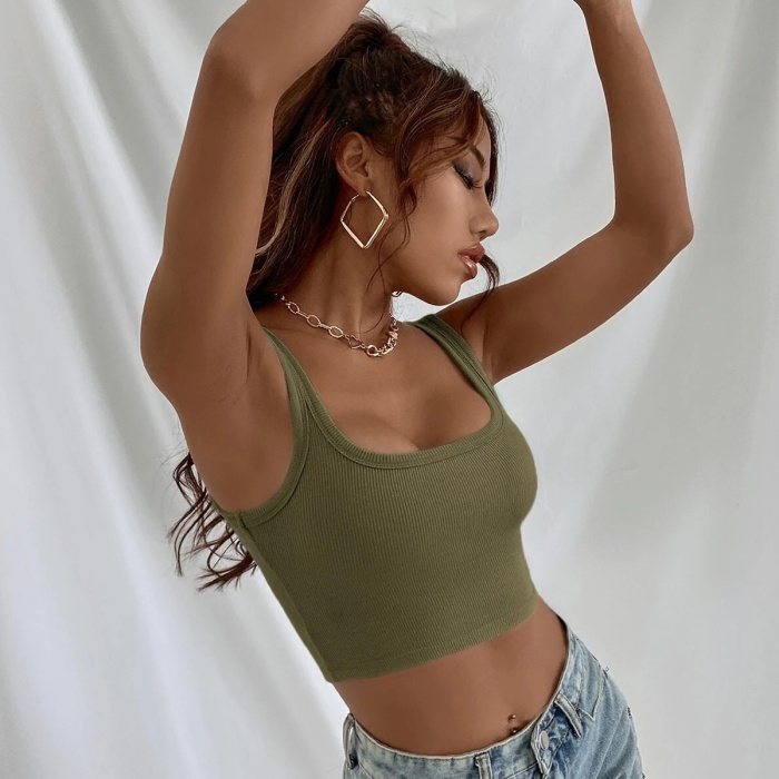 Kadın Haki Yeşili Kalın Askılı Crop Top Büstiyer