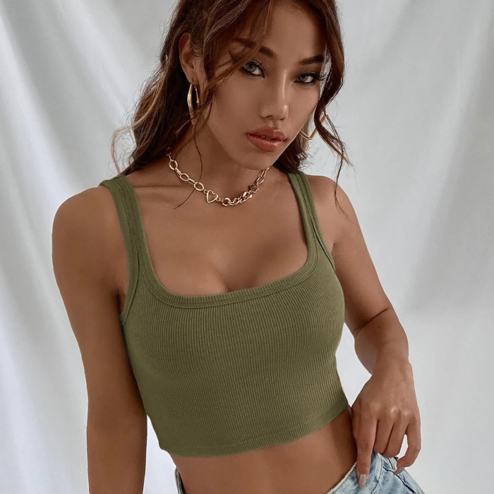 Kadın Haki Yeşili Kalın Askılı Crop Top Büstiyer