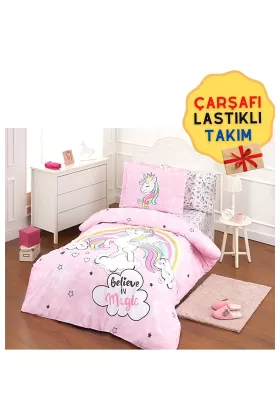 Özdilek Pembe Unicorn Lastikli Çarşaf Tek Kişilik Nevresim Takımı 5253