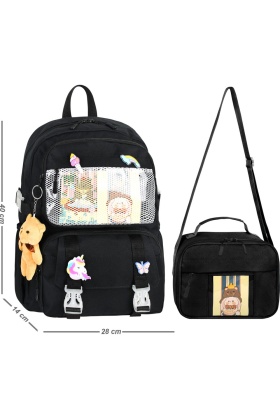 Waddell Kawaii Kore Tarzı Aksesuarlı İlkokul Sırt ve Beslenme Çantası Siyah 25001