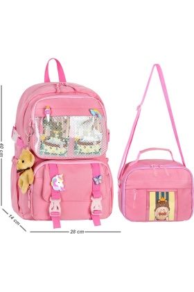 Waddell Kawaii Kore Tarzı Aksesuarlı İlkokul Sırt ve Beslenme Çantası Pembe 25001