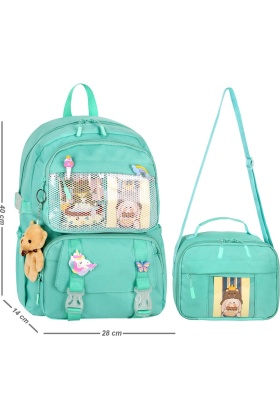Waddell Kawaii Kore Tarzı Aksesuarlı İlkokul Sırt ve Beslenme Çantası Su Yeşili 25001