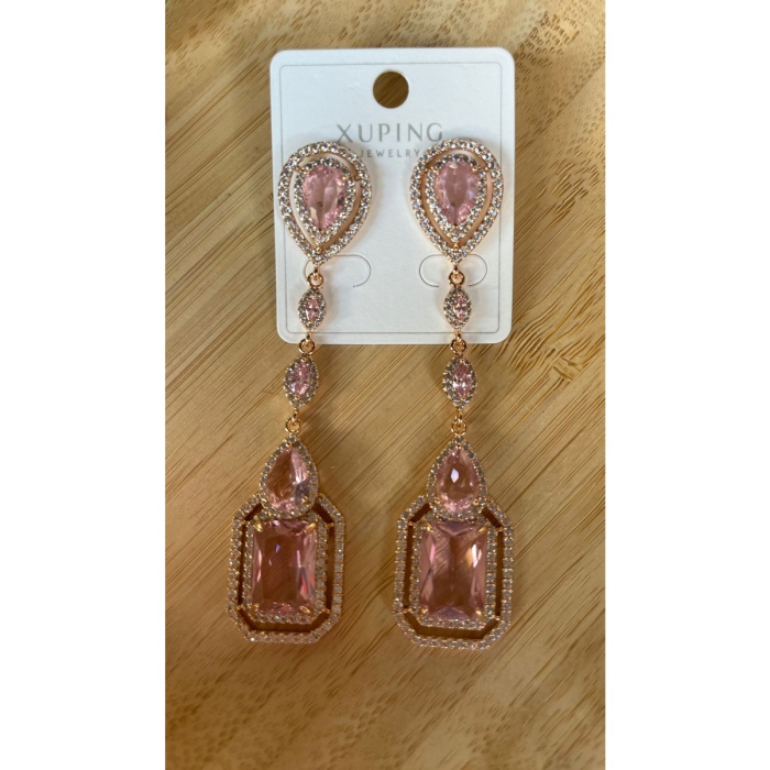 Monalisa Home Gold Renk Pembe Taşlı Sallantılı Lüks Abiye Küpe