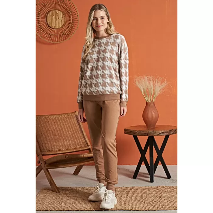 Kahve Krem Pijama Takımı L Beden
