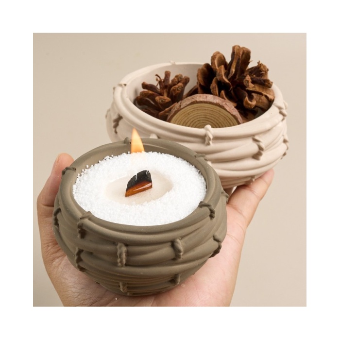 Bambu Desenli Örgü Yuvarlak Beton Saksı Kalıbı - Hobi Silikon Kalıbı -Kod:1092B