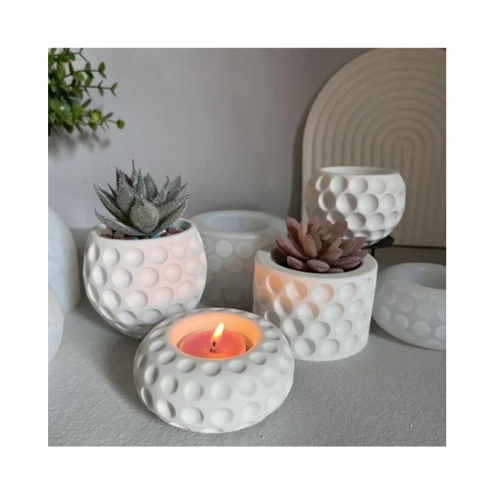 Geometrik Kristal Desenli  Yuvarlak Beton Saksı Kalıbı - Hobi Silikon Kalıbı -Kod: 305