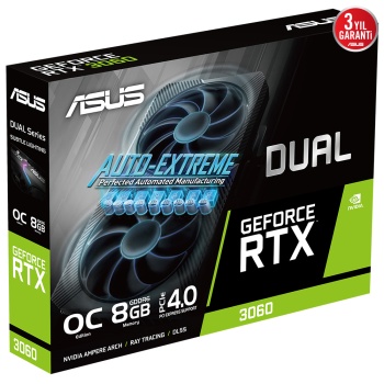 ASUS DUAL-RTX3060-O8G 8GB Geforce RTX3060 GDDR6 128bit HDMI 3xDP 16x Ekran Kartı