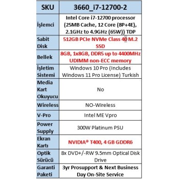 DELL 3660_i7-12700-2 i7-12700 8GB 512GB M.2 NVME SSD 4gb T400 W11 İş İstasyonu