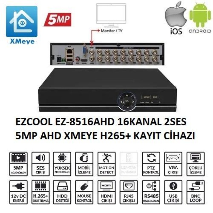 EZCOOL EZ-8516AHD 16 KANAL 5 MP 1HDD XVR KAYIT CİHAZI